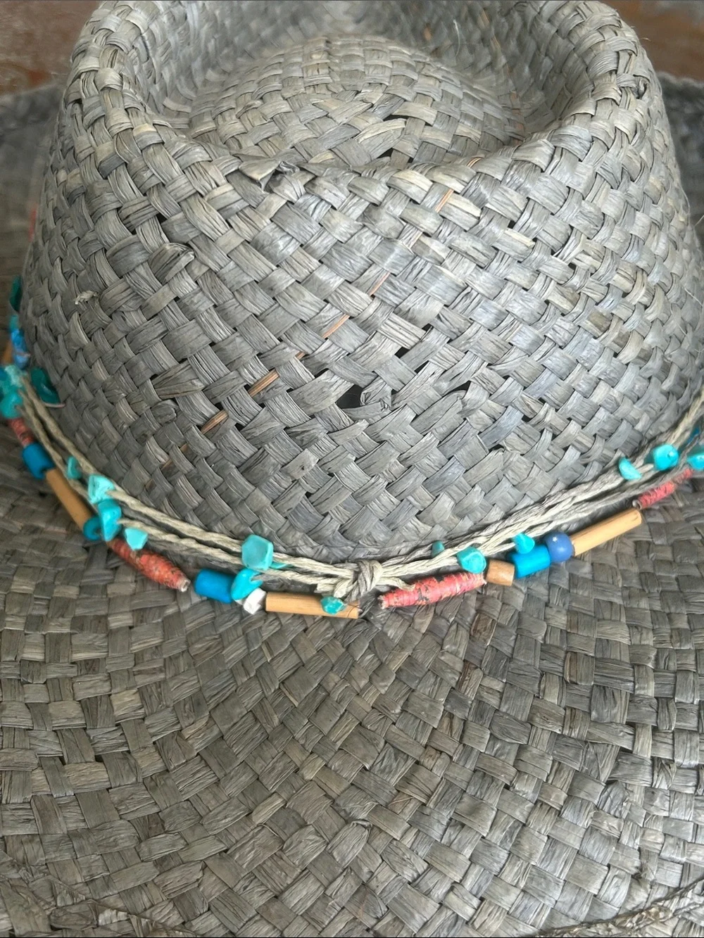 Upcycled Woven Straw Fedora Cowgirl hat with Turquoise Bead Trim